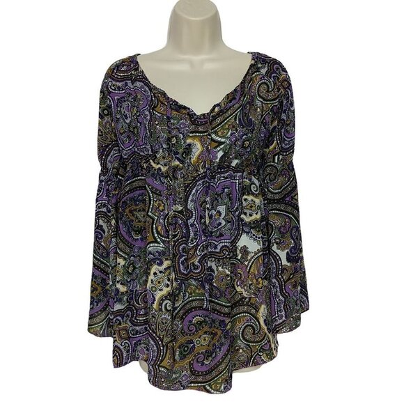 Michele Michelle Boho Paisley Blouse Top Small Purple Green White - Picture 1 of 5